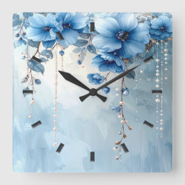 Blaue Blumen und Perlen Wanduhr