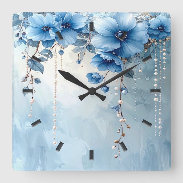 Blaue Blumen und Perlen Wanduhr (Vorderseite)