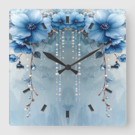 Blaue Blumen und Perlen Wanduhr