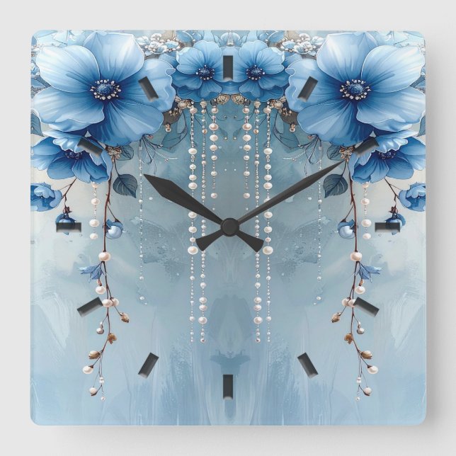 Blaue Blumen und Perlen Wanduhr (Vorderseite)