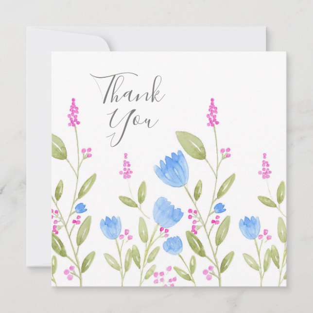 "Blaue Blumen und rosa Berries" Wasserfarbe Dankeskarte (Vorderseite)