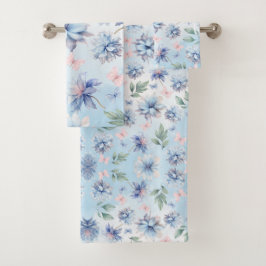 Blaue Blumen und rosa Schmetterlinge Badhandtuch Set