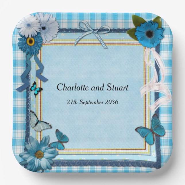Blaue Blumen und Schmetterlinge Pappteller (Vorderseite)