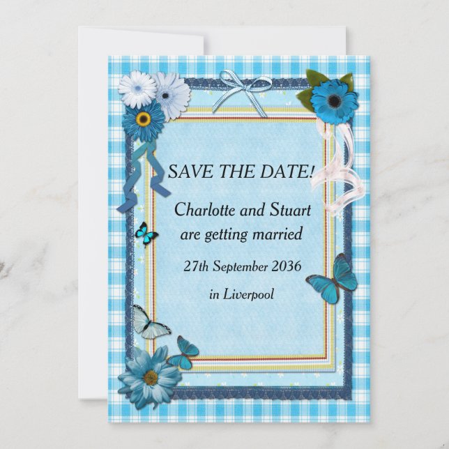 Blaue Blumen und Schmetterlinge Save The Date (Vorderseite)