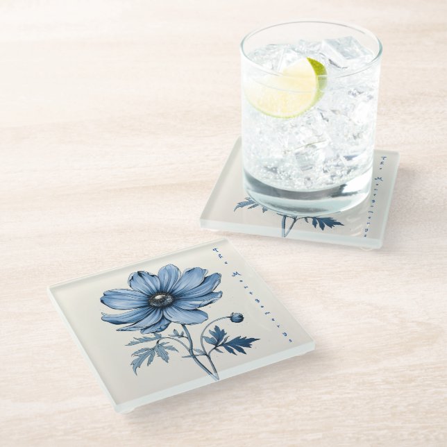 Blaue Blumen, Untersetzer aus Glas, Hochzeit (Schrägansicht)