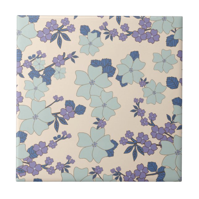 Blaue Blumen, violette Blumen, Blumenmuster Fliese (Vorderseite)