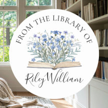 Blaue Blumen wachsen aus dem Buch-Exlibris-Aufkleb