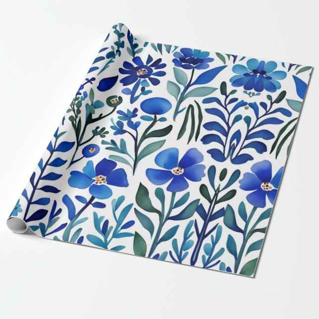 Blaue Blumen Wasserfarben Art Muster Geschenkpapier (Ungerollt)