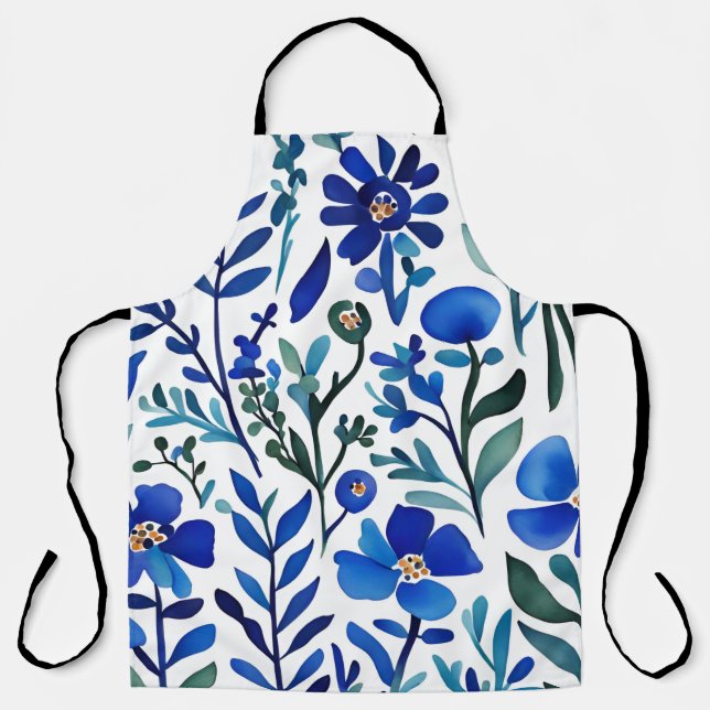 Blaue Blumen Wasserfarben Art Muster Schürze (Vorderseite)