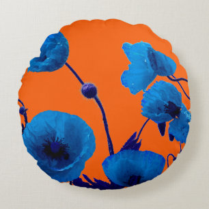 Blaue Blumen-Wasserfarben-Mohnblumen-Sommer-Sonnen Rundes Kissen