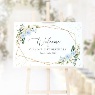 Blaue Blumen, weiße Blume, Begrüßung zum Geburtsta Poster
