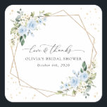 Blaue Blumen, weiße Blume, Boho, Brautparty Quadratischer Aufkleber<br><div class="desc">Fügen Sie Ihrem Brautparty eine persönliche Touch mit diesen stilvollen und unvergesslichen Party hinzu! Das Design ist in Blau-Weiß-Blume,  Grün,  Goldkonfetti und Goldrahmen auf weißem Hintergrund gehalten.</div>