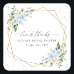 Blaue Blumen, weiße Blume, Boho, Brautparty Quadratischer Aufkleber<br><div class="desc">Fügen Sie Ihrem Brautparty eine persönliche Touch mit diesen stilvollen und unvergesslichen Party hinzu! Das Design ist in Blau-Weiß-Blume,  Grün,  Goldkonfetti und Goldrahmen auf weißem Hintergrund gehalten.</div>