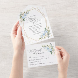 Blaue Blumen, weiße Blume, Grünpflanzen, Hochzeit All In One Einladung