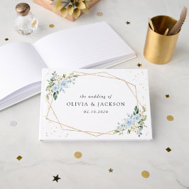 Blaue Blumen, weiße Blume, Grünpflanzen, Hochzeit Gästebuch