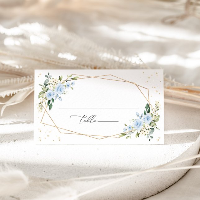Blaue Blumen, weiße Blume, Grünpflanzen, Hochzeit Platzkarte (Von Creator hochgeladen)