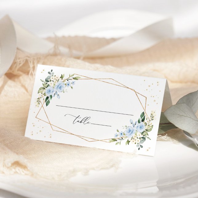 Blaue Blumen, weiße Blume, Grünpflanzen, Hochzeit Platzkarte (Von Creator hochgeladen)
