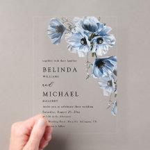 Blaue Blumen Weiße Klare Hochzeitseinladung