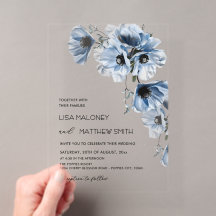 Blaue Blumen Weiße Klare Hochzeitseinladung