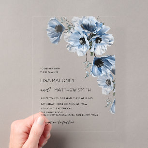 Blaue Blumen Weiße Klare Hochzeitseinladung Acryleinladungen