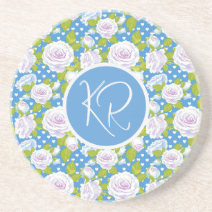 Blaue Blumen Weiße Rose Modische Monogramm-Initial Getränkeuntersetzer