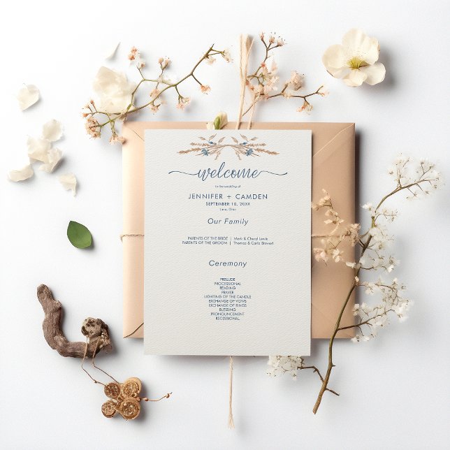 Blaue Blumen & Weizen Moderne Creme Hochzeit Programm (Von Creator hochgeladen)