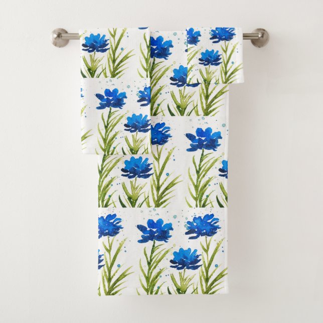 Blaue Blumen Wildblumen Wasserfarben Feminine Chic Badhandtuch Set (Insitu)