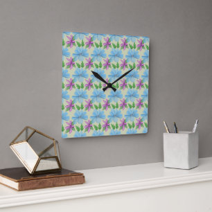 Blaue Blumenaesthetic   Wasserfarben-Blume Quadratische Wanduhr