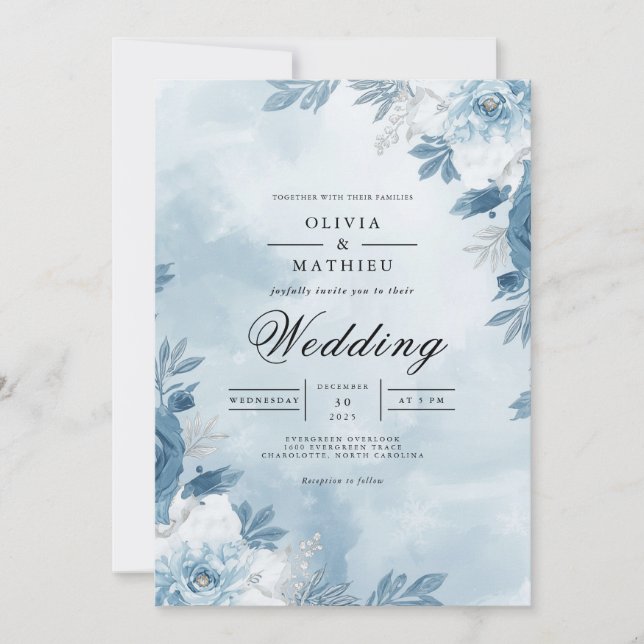 Blaue Blumenbogen-Hochzeit Einladung (Vorderseite)