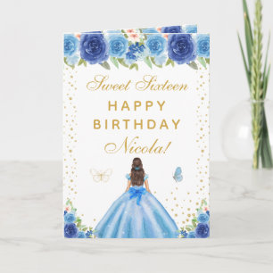 Blaue Blumenbraune Haar Mädchen Sweet Sixteen Karte