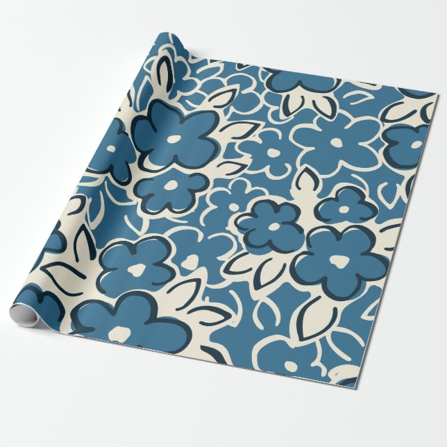 Blaue Blumencluster Geschenkpapier (Ungerollt)