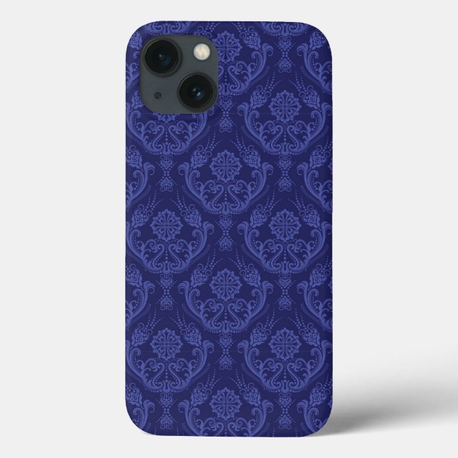 Blaue Blumendamastluxustapete Case-Mate iPhone Hülle (Rückseite)