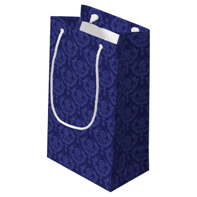 Blaue Blumendamastluxustapete Kleine Geschenktüte (Rückseite Schrägansicht)