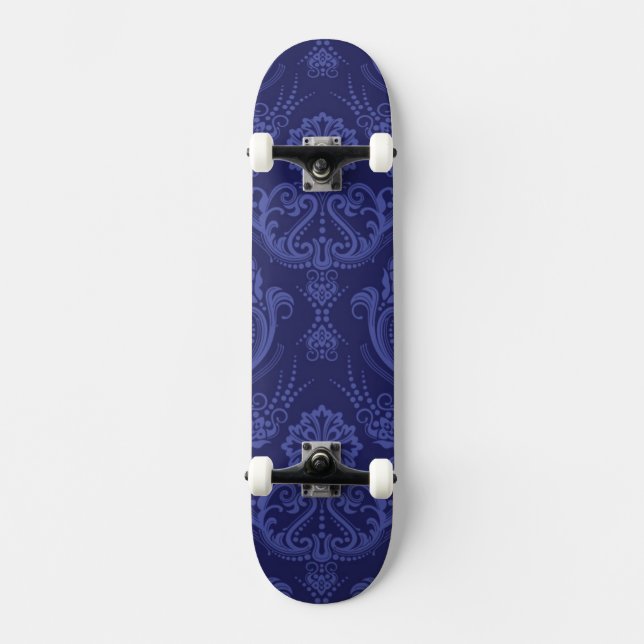 Blaue Blumendamastluxustapete Skateboard (Vorderseite)