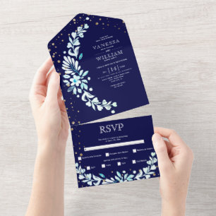 Blaue Blumengarten mit Herz Hochzeit All In One Einladung