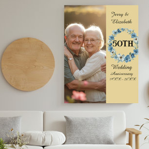 Blaue Blumengirlande goldenes Hochzeitsjubiläum Fotoplatte