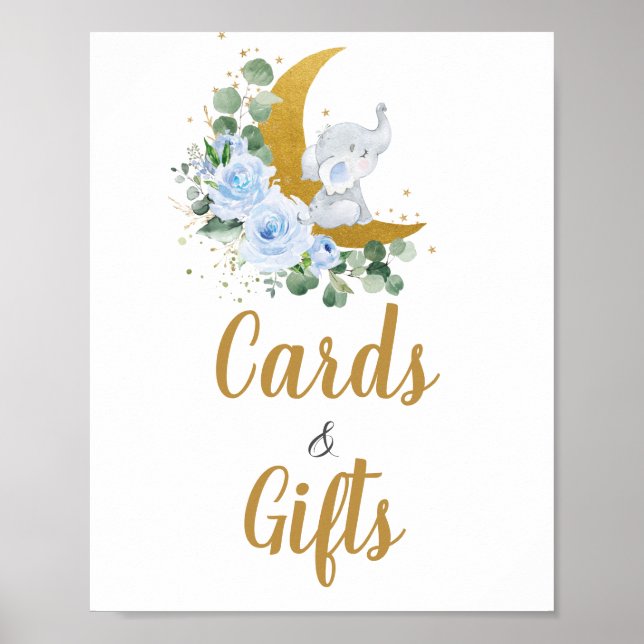 Blaue Blumengrün Elefantenmondkarte und Geschenke Poster (Vorne)