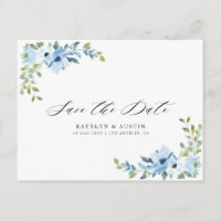 Blaue Blumenhochzeit speichern das Datum Postkarte