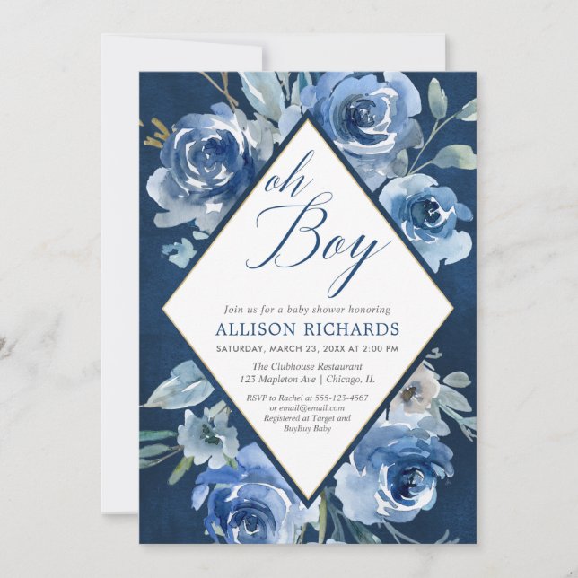 Blaue Blumenjungenoh Babyparty Einladung (Vorderseite)