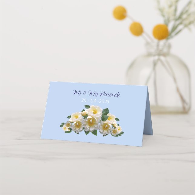 Blaue Blumenkarte Hochzeitstisch Platzkarte (Rückseite)