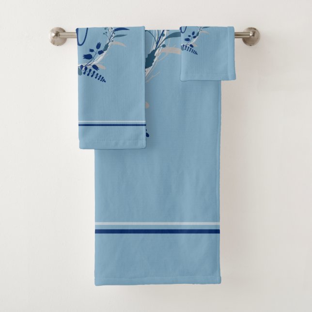Blaue Blumenkraut, benutzerdefinierte Monogramm St Badhandtuch Set (Insitu)