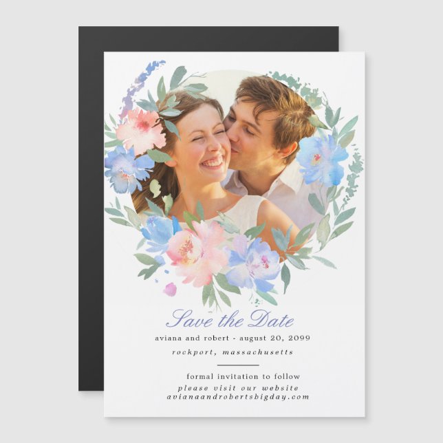 Blaue Blumenkraut Save the Date Magnetkarte Magneteinladung (Vorne/Hinten)