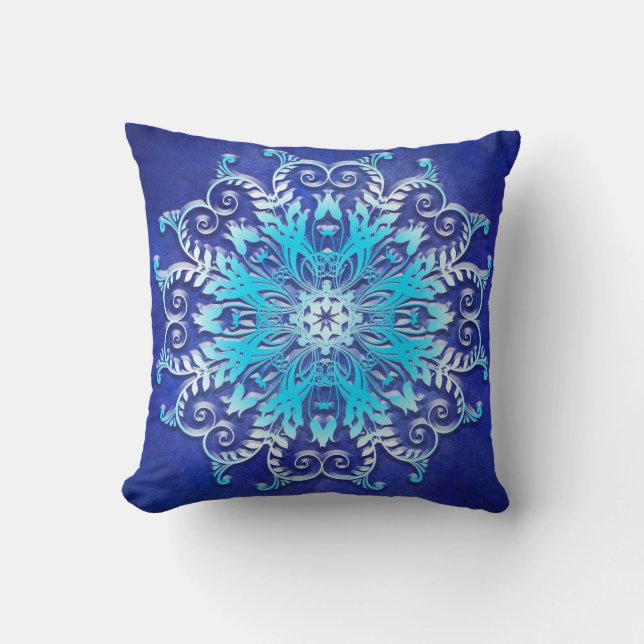 Blaue BlumenMandala auf Schmutzhintergrund Kissen (Vorderseite)
