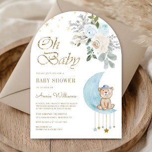 Blaue Blumenmond Süßer Teddybär Bogen Babyparty Einladung