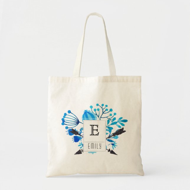 Blaue Blumenmonogramm-Initialen-personalisierte Tragetasche (Vorne)