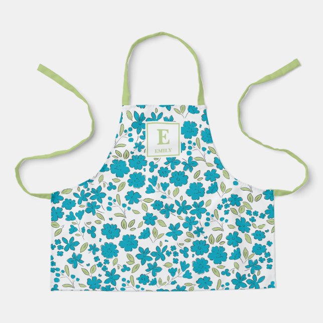 Blaue Blumenmonogramm-Schürze Schürze (Vorderseite)