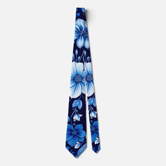 blaue Blumenmuster-Krawatte Krawatte (Vorderseite)