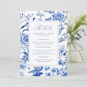 Blaue Blumenschwan-Chinoiserie-Hochzeitsmenükarte Einladung