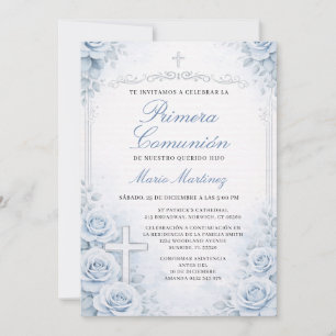 Blaue Blumenspanische Jungen-Erstkommunion-Kreuz Einladung