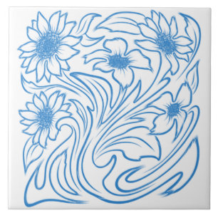 Blaue Blumenspirale Botanik Fliese